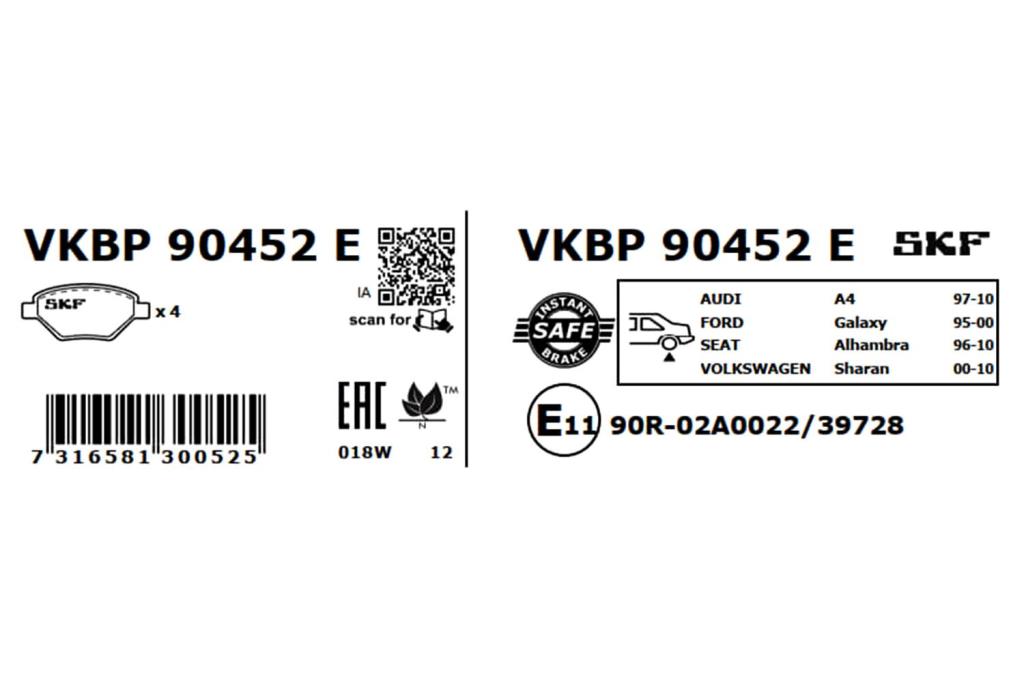 Jeu de 4 plaquettes de frein SKF ref. VKBP 90452 E